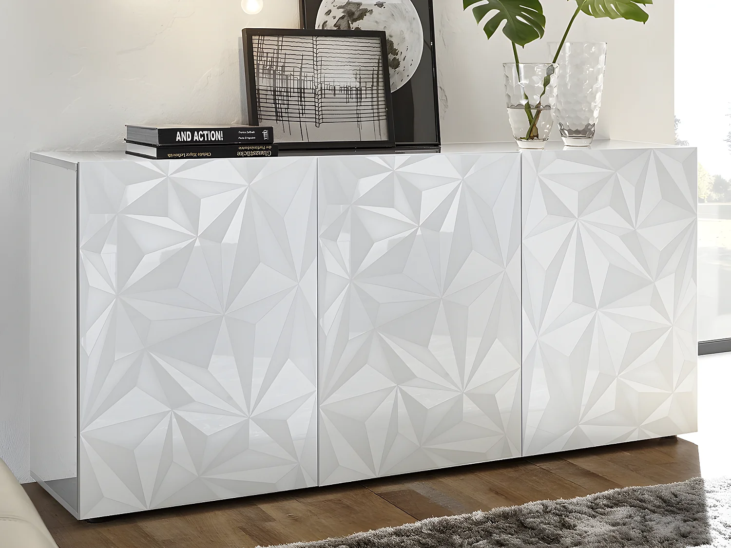 Conjunto Aparador y Mueble TV - Comedor luminoso ERIS - Blanco lacado