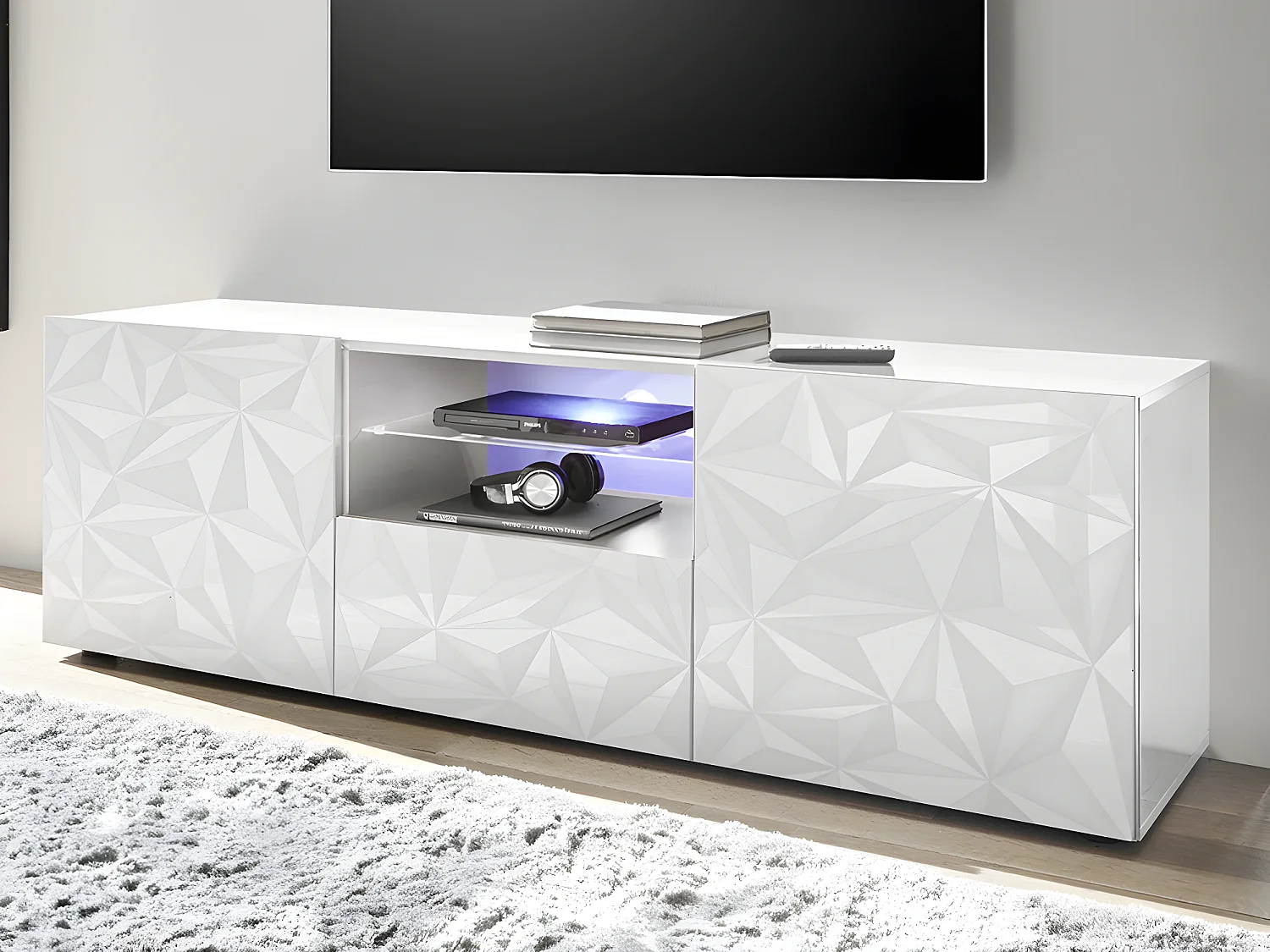 Conjunto Aparador y Mueble TV - Comedor luminoso ERIS - Blanco lacado