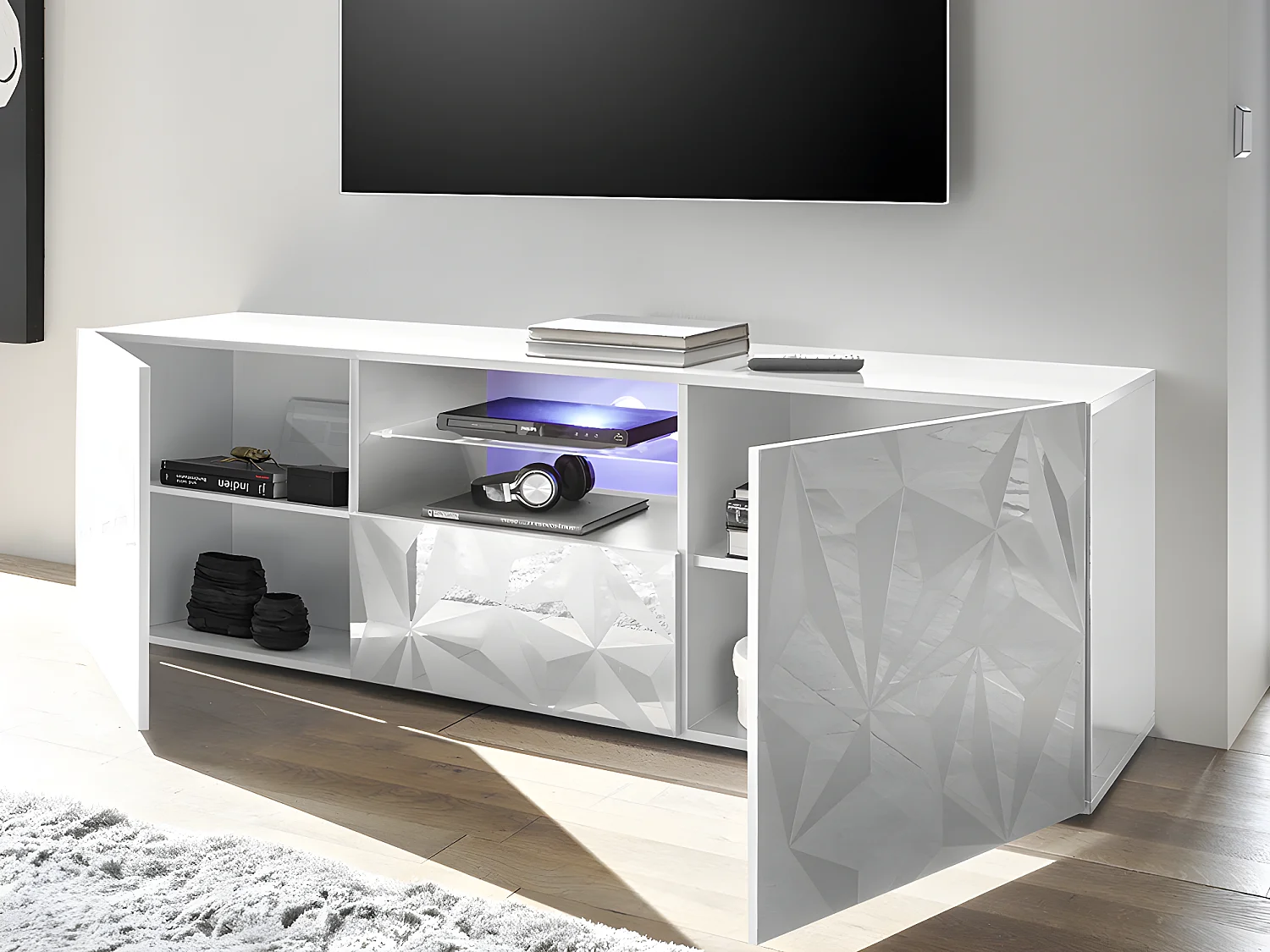 Conjunto Aparador y Mueble TV - Comedor luminoso ERIS - Blanco lacado