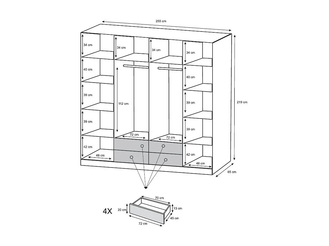 Armoire 2 portes - Avec miroir et LEDs - L255 cm - Blanc - INGINA