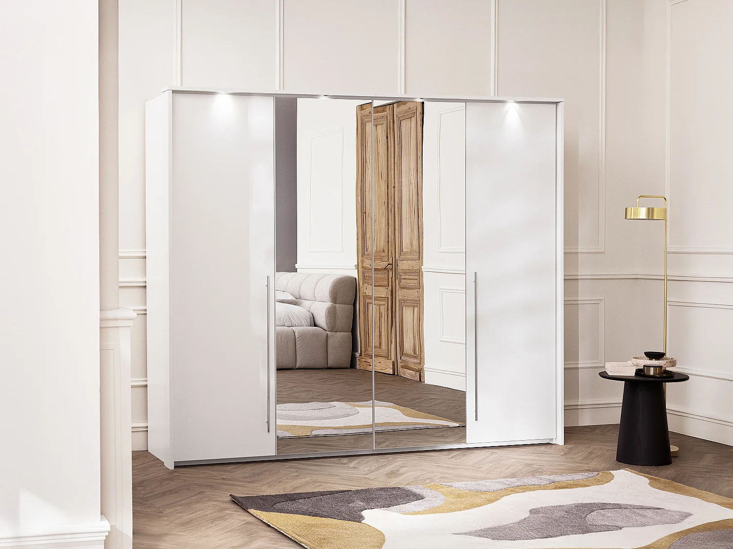Armoire 2 portes - Avec miroir et LEDs - L255 cm - Blanc - INGINA