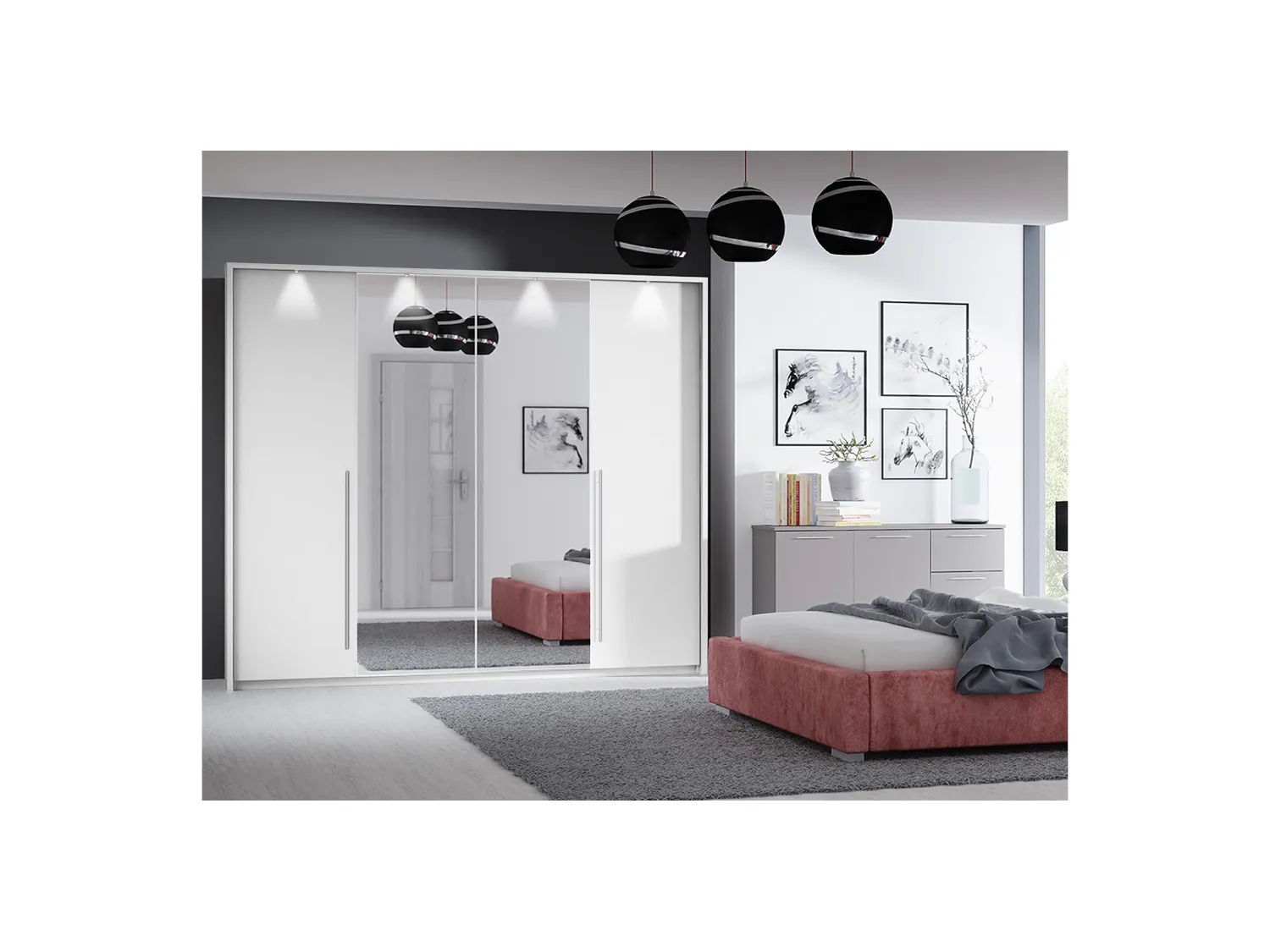 Kleiderschrank mit Spiegel & LEDs - B. 255 cm - Weiß - INGINA