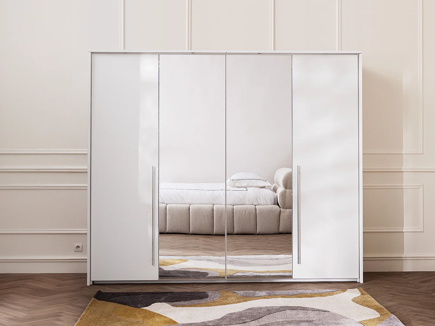 Kleiderschrank mit Spiegel & LEDs - B. 255 cm - Weiß - INGINA