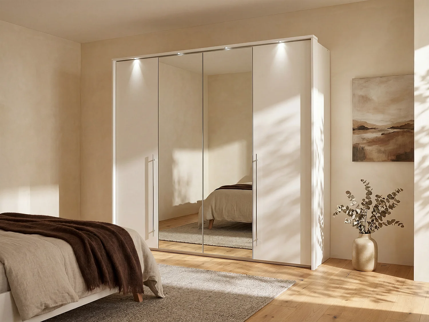 Armoire 2 portes - Avec miroir et LEDs - L255 cm - Blanc - INGINA