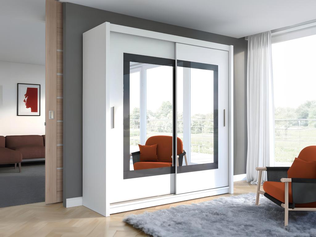 Armoire 2 portes coulissantes - Avec miroir - L203 cm - Coloris : Blanc - AUTLAN