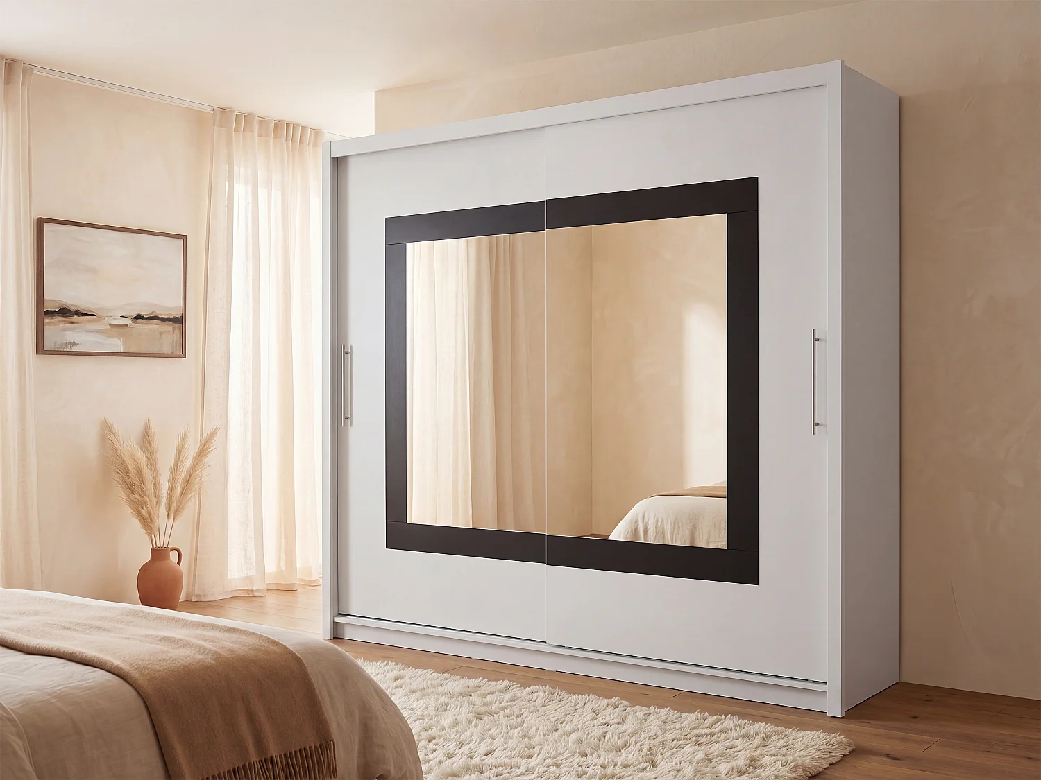 Kleiderschrank mit Spiegel - 2 Schiebetüren - B. 203 cm - Weiß - AUTLAN