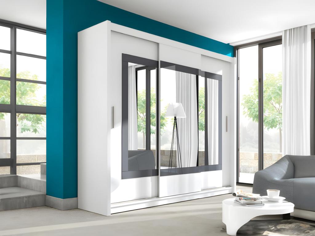 Armoire 3 portes coulissantes - Avec miroir - L250 cm - Coloris : Blanc - AUTLAN