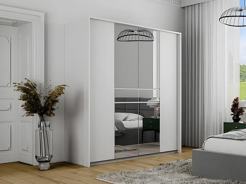Armoire 6 portes et 1 tiroir - Avec miroir  - L200 cm - Blanc - ZADIA