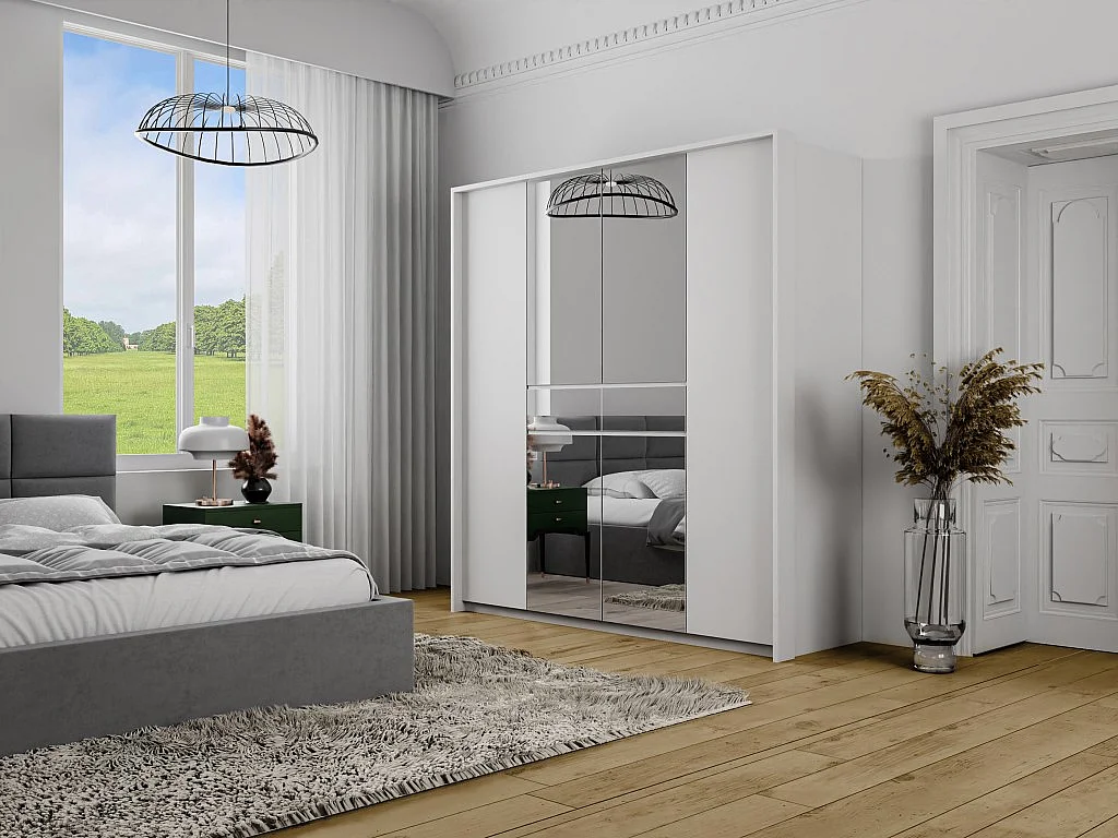 Armoire 6 portes et 1 tiroir - Avec miroir  - L200 cm - Blanc - ZADIA