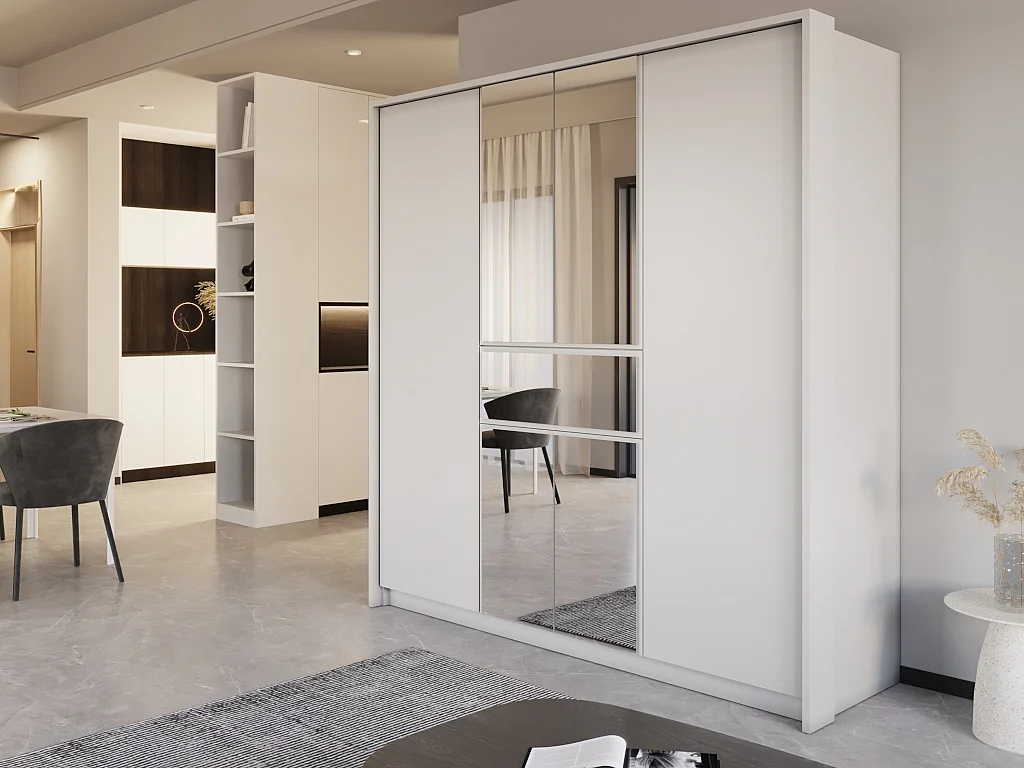 Armadio 6 ante e 1 cassetto con specchio L200 cm Bianco - ZADIA