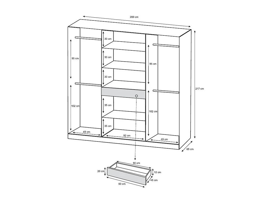 Armoire 6 portes et 1 tiroir - Avec miroir  - L200 cm - Blanc - ZADIA