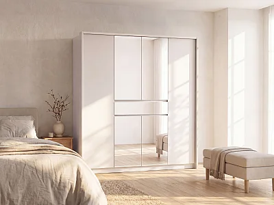 Kast met 6 deuren en 1 lade - met spiegel en LEDs - L. 200 cm - Wit - ZADIA