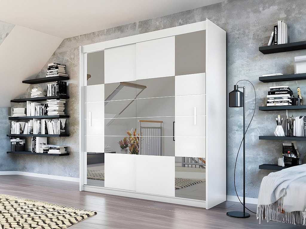 Kleiderschrank mit Spiegel & 2 Schiebetüren - B. 203 cm - Weiß - ROVINJA