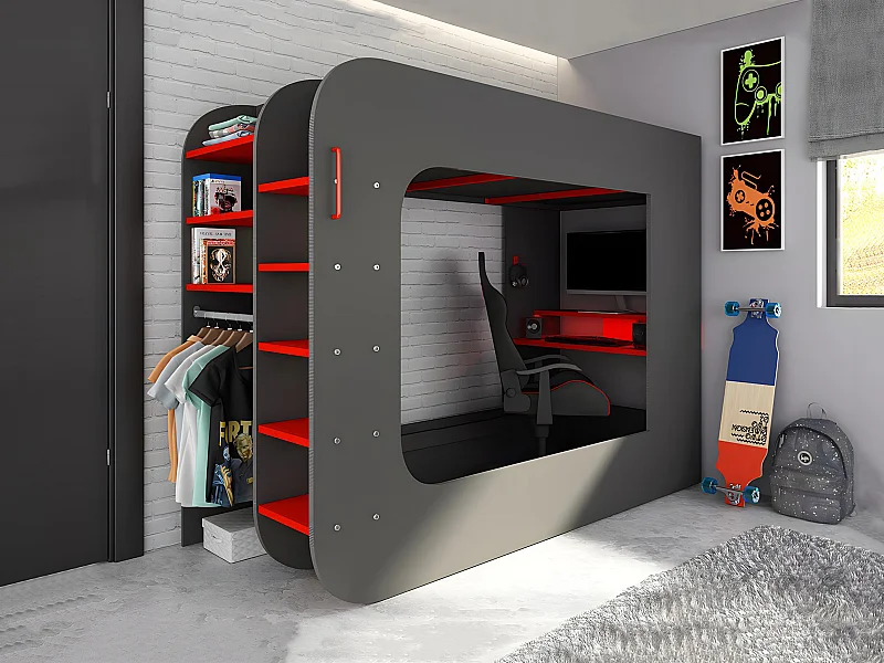 Lit mezzanine gamer 90 x 200 cm - Avec bureau et rangements - Avec LEDs - Anthracite et rouge -  WARRIOR