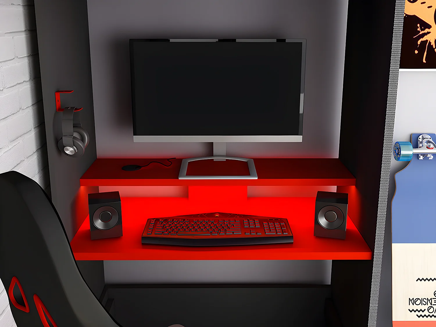 Łóżko na antresoli gamer 90 x 200 cm - Z biurkiem i ze skrzynią  - Z diodami LED - Kolor antracytowy i czerwony - WARRIOR