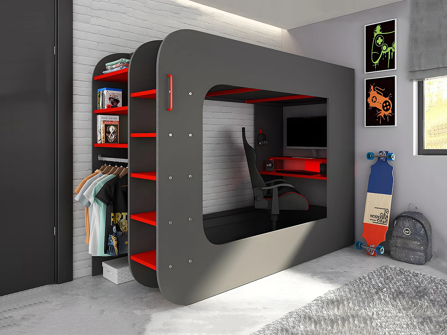 Hochbett mit Gaming-Schreibtisch & Stauraum + LEDs - 90 x 200 cm - Anthrazit & Rot - WARRIOR