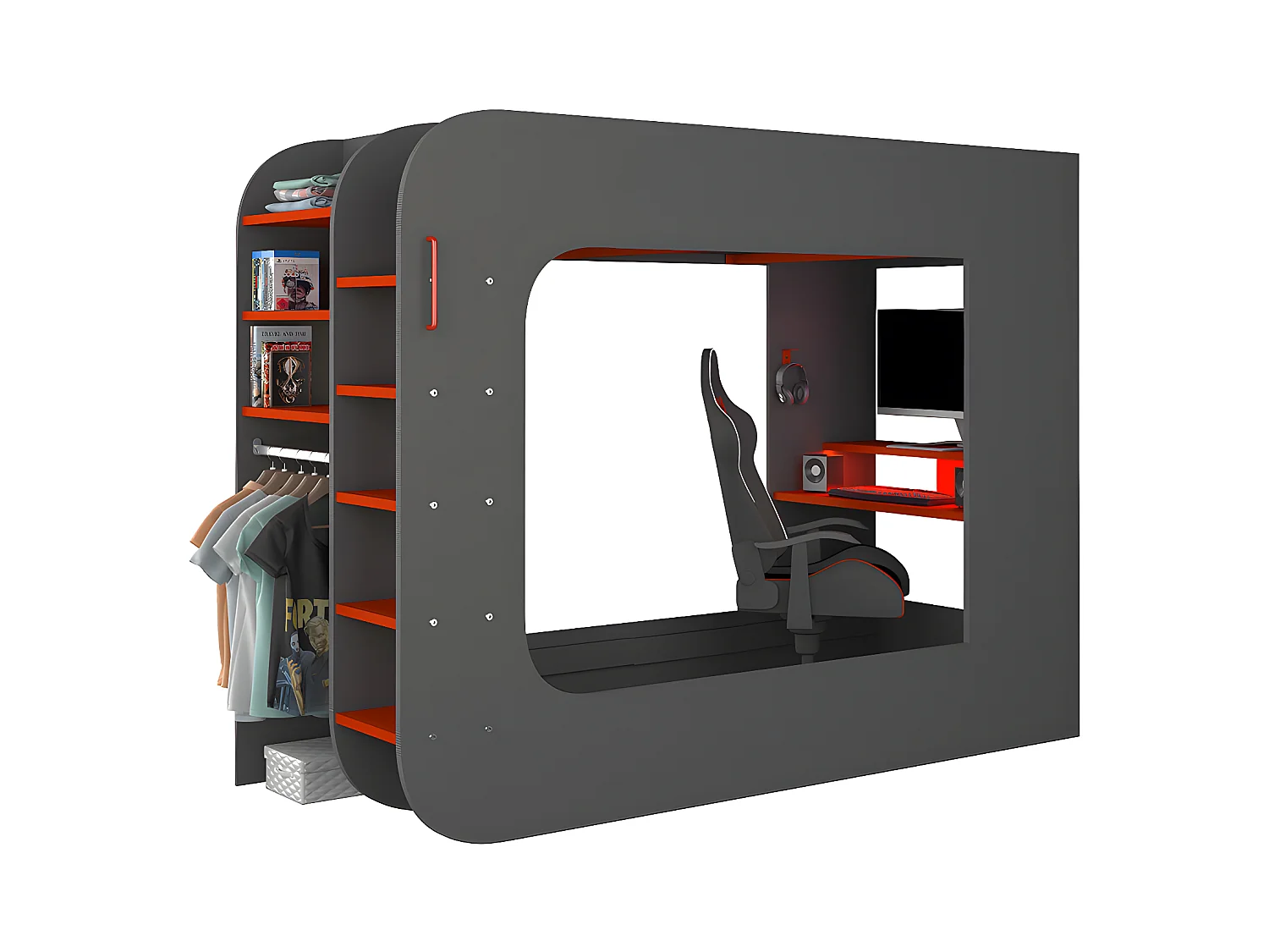 Litera gamer 90 x 200 cm - Con escritorio y compartimentos - Con LEDs - Antracita y rojo - WARRIOR