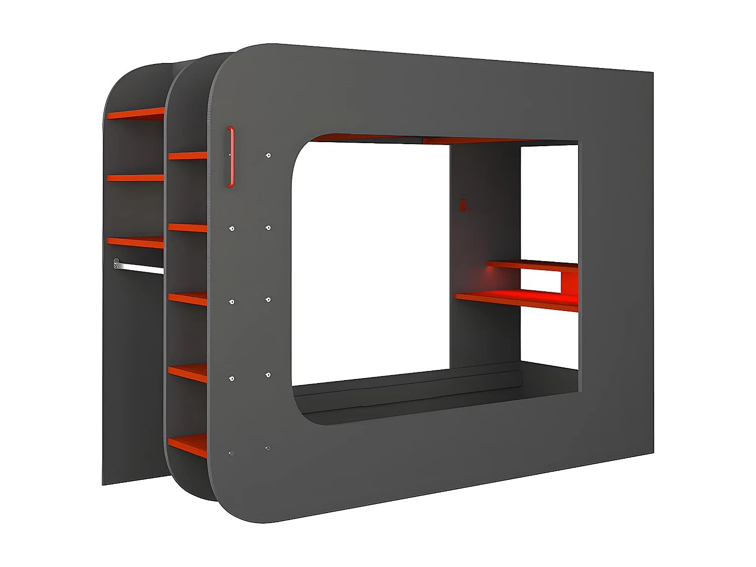 Højseng med skrivebord og opbevaring 90 x 200 cm i antracitgrå og rød inklusiv LED-lys WARRIOR