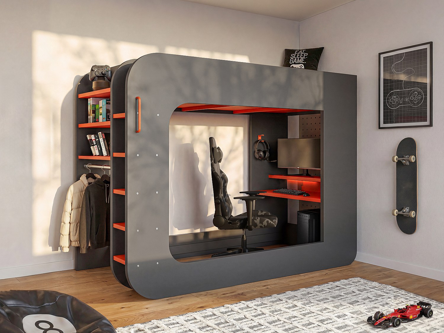 Hochbett mit Gaming-Schreibtisch & Stauraum + LEDs - 90 x 200 cm - Anthrazit & Rot - WARRIOR