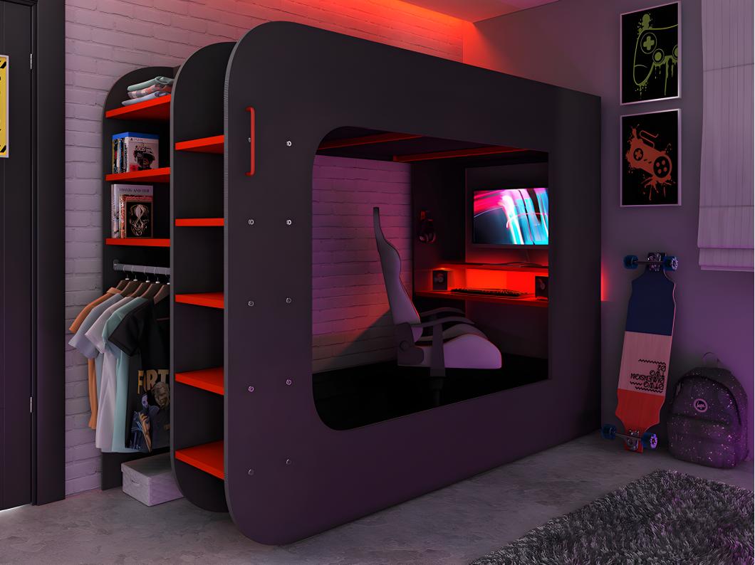 Letto a soppalco gamer con scrivania, scomparti e LED 90 x 200 cm Antracite e Rosso - WARRIOR