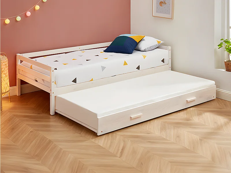 Uitschuifbed AEDAN II - 2 x 90 x 190 cm - Massief grenen & MDF - Gebleekt + matras