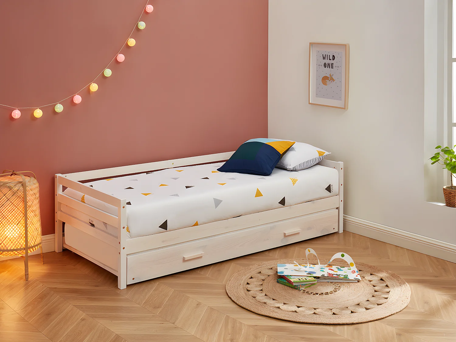 Lit gigogne AEDAN II - 2 x 90 x 190 cm - Pin massif et MDF - Blanchi + matelas