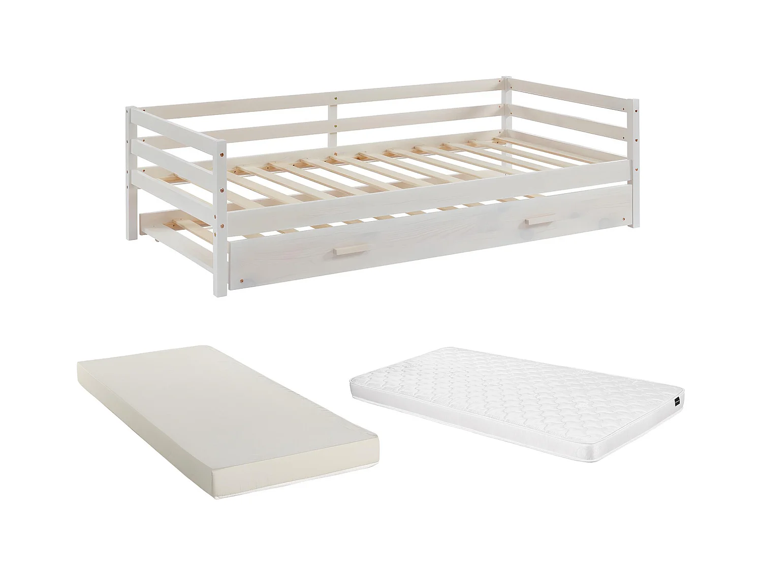 Uitschuifbed AEDAN II - 2 x 90 x 190 cm - Massief grenen & MDF - Gebleekt + matras