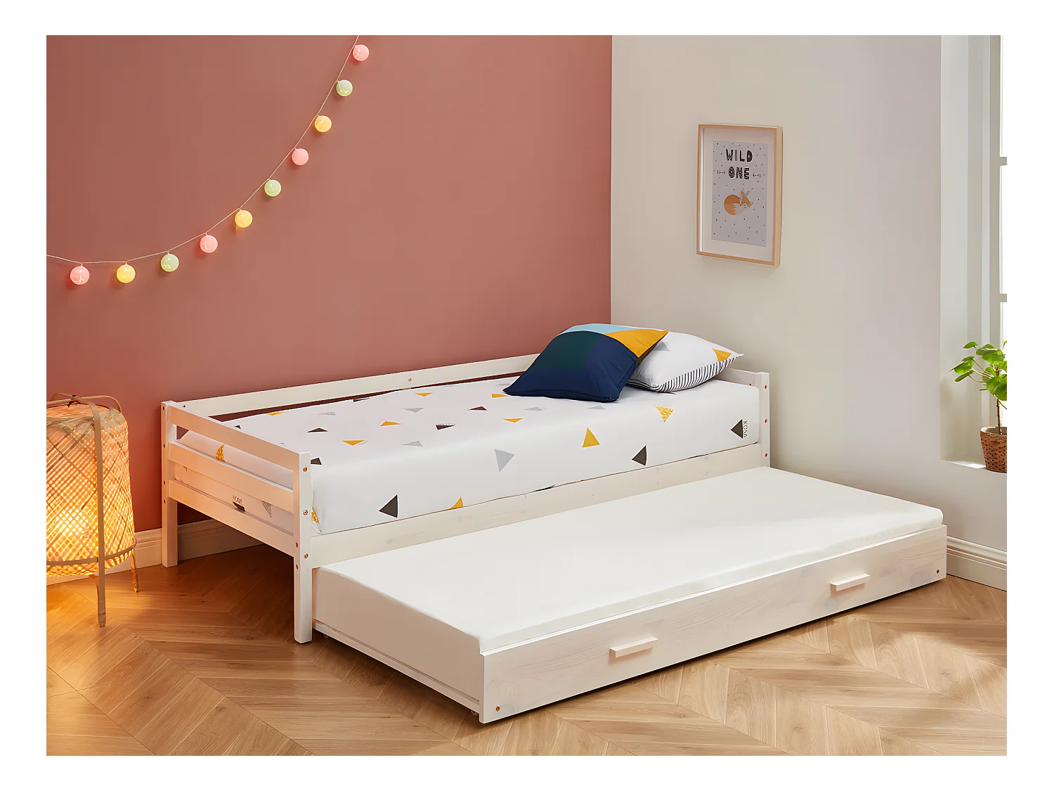 Uitschuifbed AEDAN II - 2 x 90 x 190 cm - Massief grenen & MDF - Gebleekt + matras