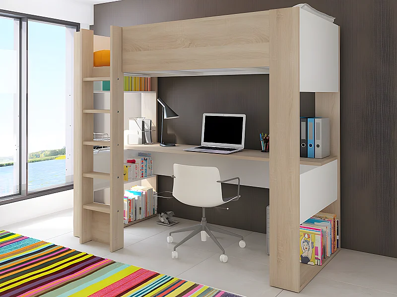 Hochbett mit Schreibtisch & Stauraum + Matratze - 90 x 200 cm - Eichefarben & Weiß - NOAH II