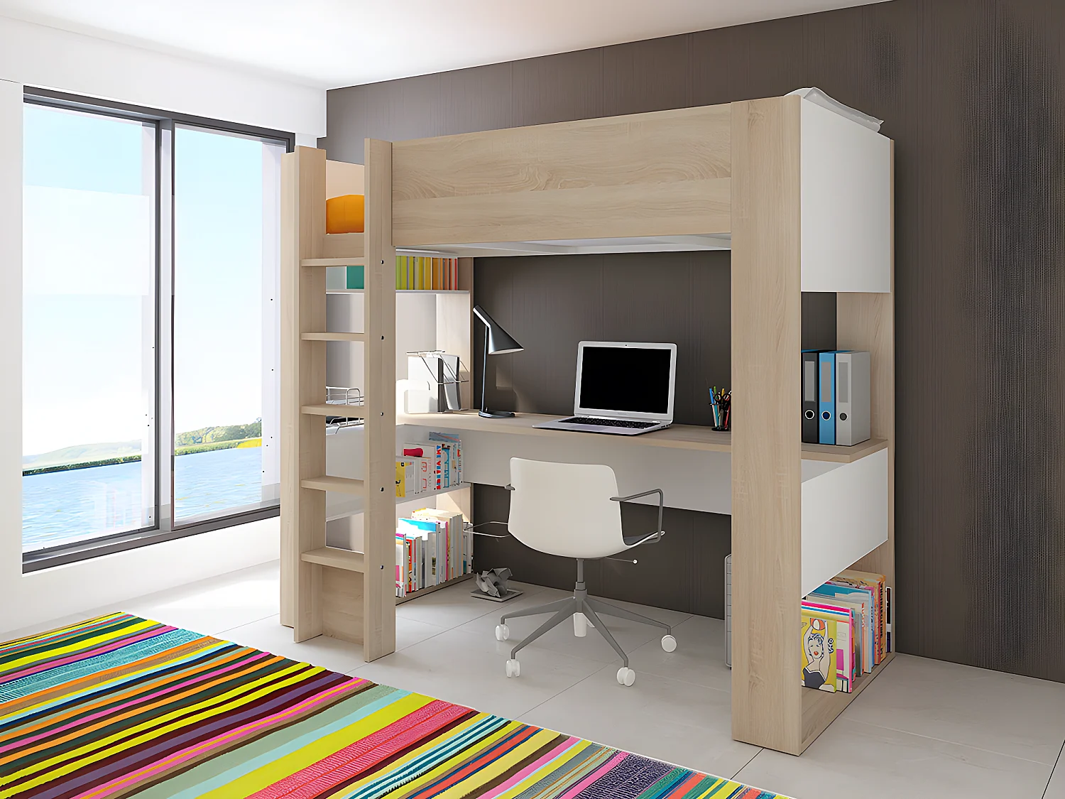 Lit mezzanine avec bureau et rangements intégrés - 90 x 200 cm - Chêne et blanc + matelas - NOAH II