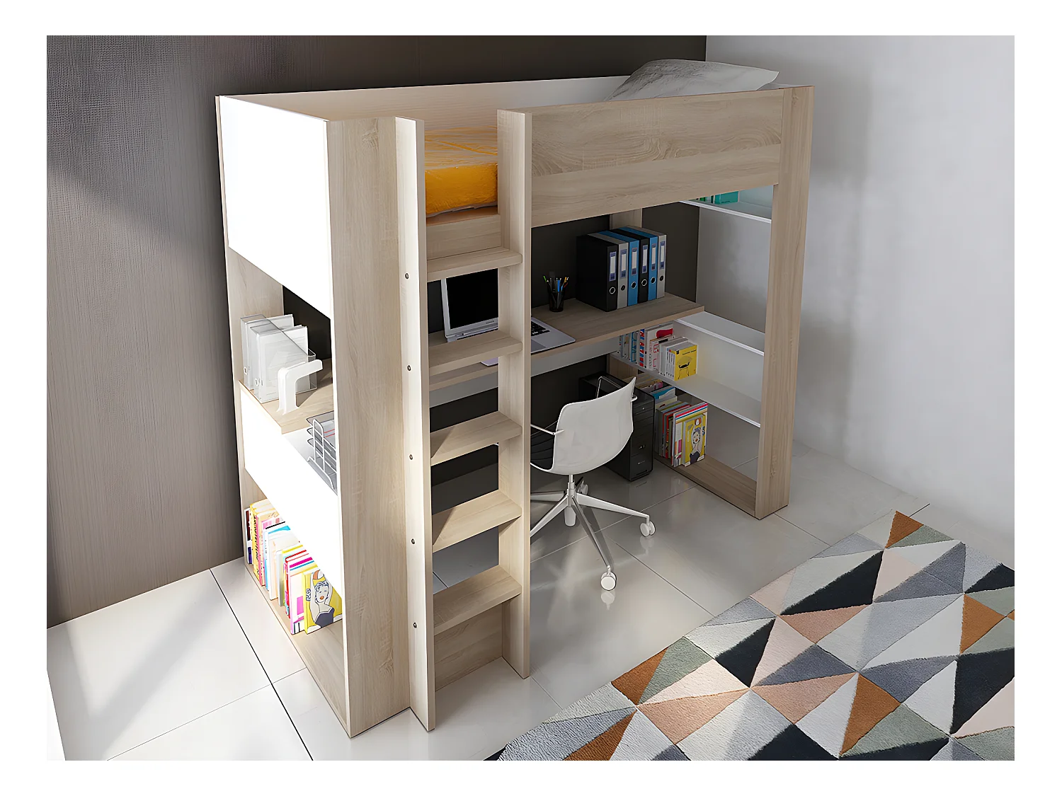 Lit mezzanine avec bureau et rangements intégrés - 90 x 200 cm - Chêne et blanc + matelas - NOAH II