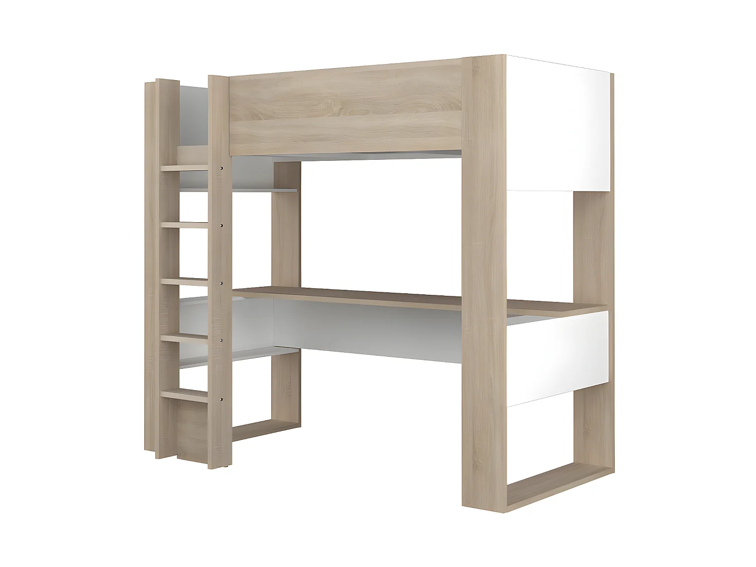 Lit mezzanine avec bureau et rangements intégrés - 90 x 200 cm - Chêne et blanc + matelas - NOAH II