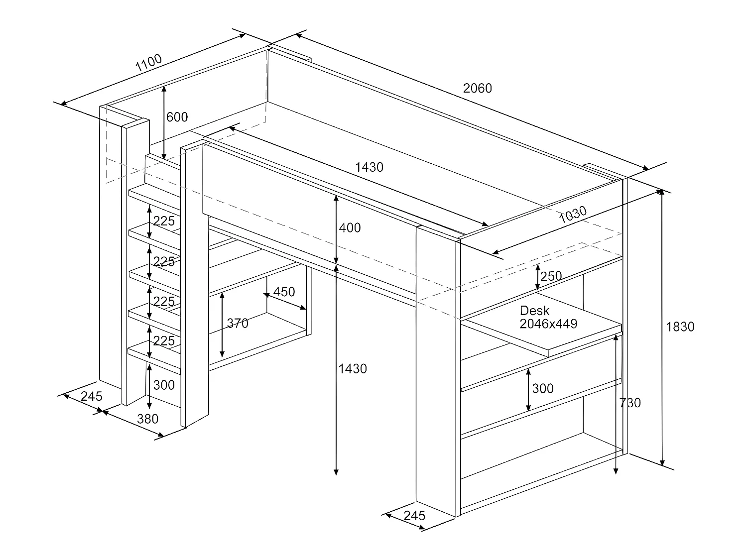 Lit mezzanine avec bureau et rangements intégrés - 90 x 200 cm - Chêne et blanc + matelas - NOAH II