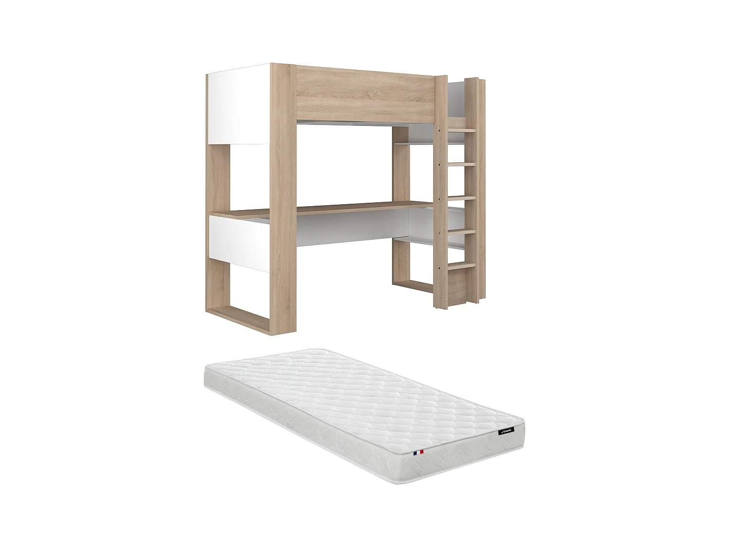 Lit mezzanine avec bureau et rangements intégrés - 90 x 200 cm - Chêne et blanc + matelas - NOAH II