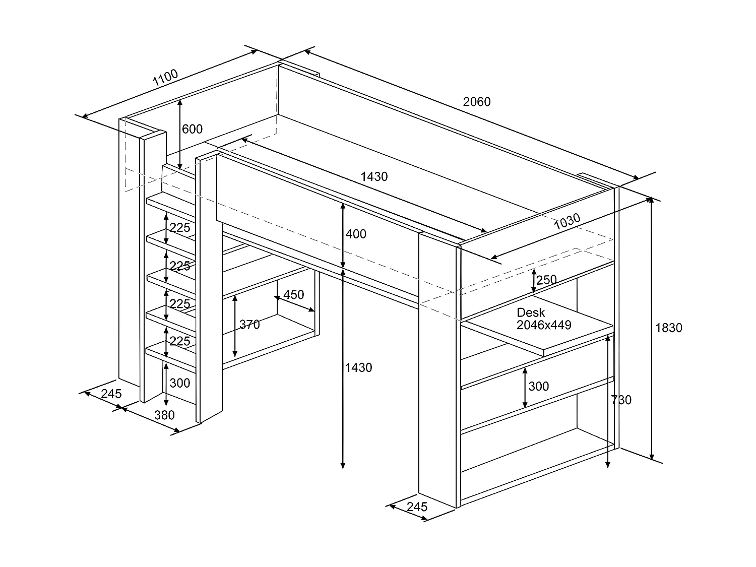 Lit mezzanine avec bureau et rangements intégrés - 90 x 200 cm - Chêne et blanc + matelas - NOAH II