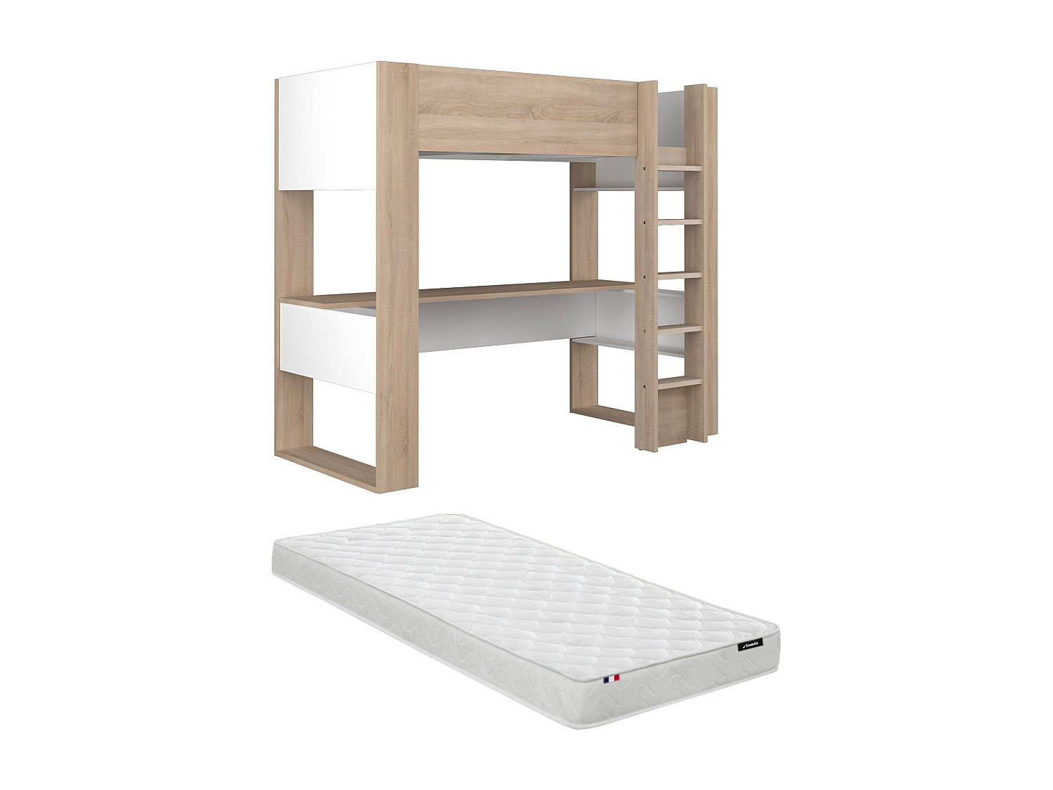 Hochbett mit Schreibtisch & Stauraum + Matratze - 90 x 200 cm - Eichefarben günstig online kaufen