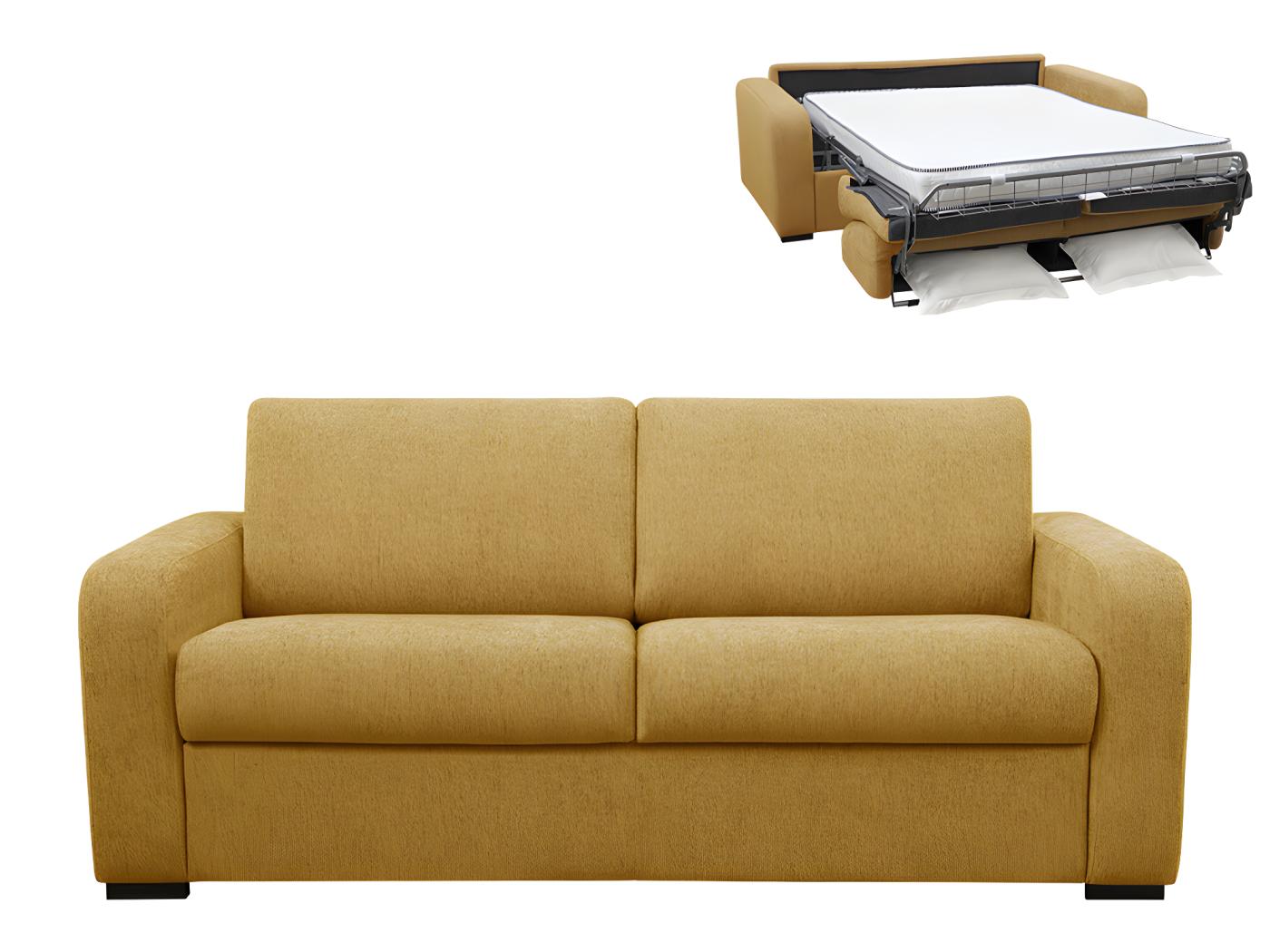 Canapé 3 places convertible express en tissu jaune moutarde. Matelas ...