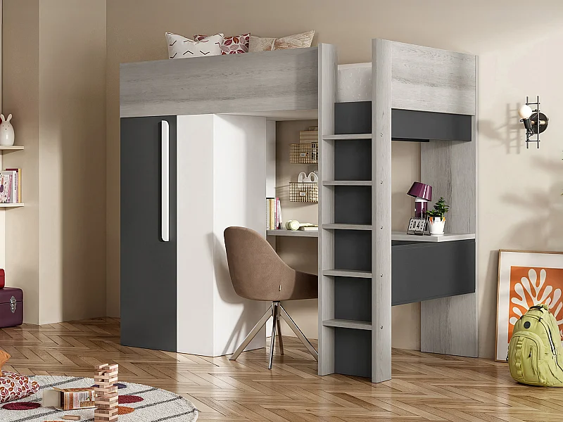 Lit mezzanine 90 x 200 cm avec armoire et bureau - Anthracite et blanc + matelas - NICOLAS II