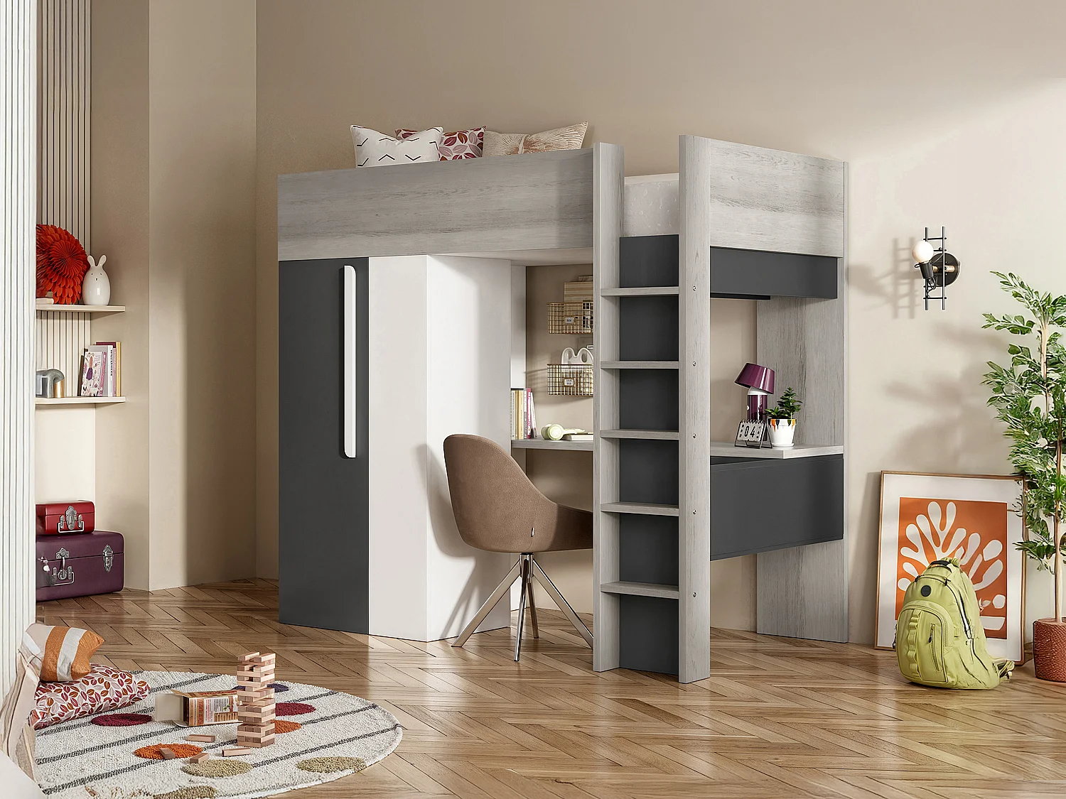 Lit mezzanine 90 x 200 cm avec armoire et bureau - Anthracite et blanc + matelas - NICOLAS II