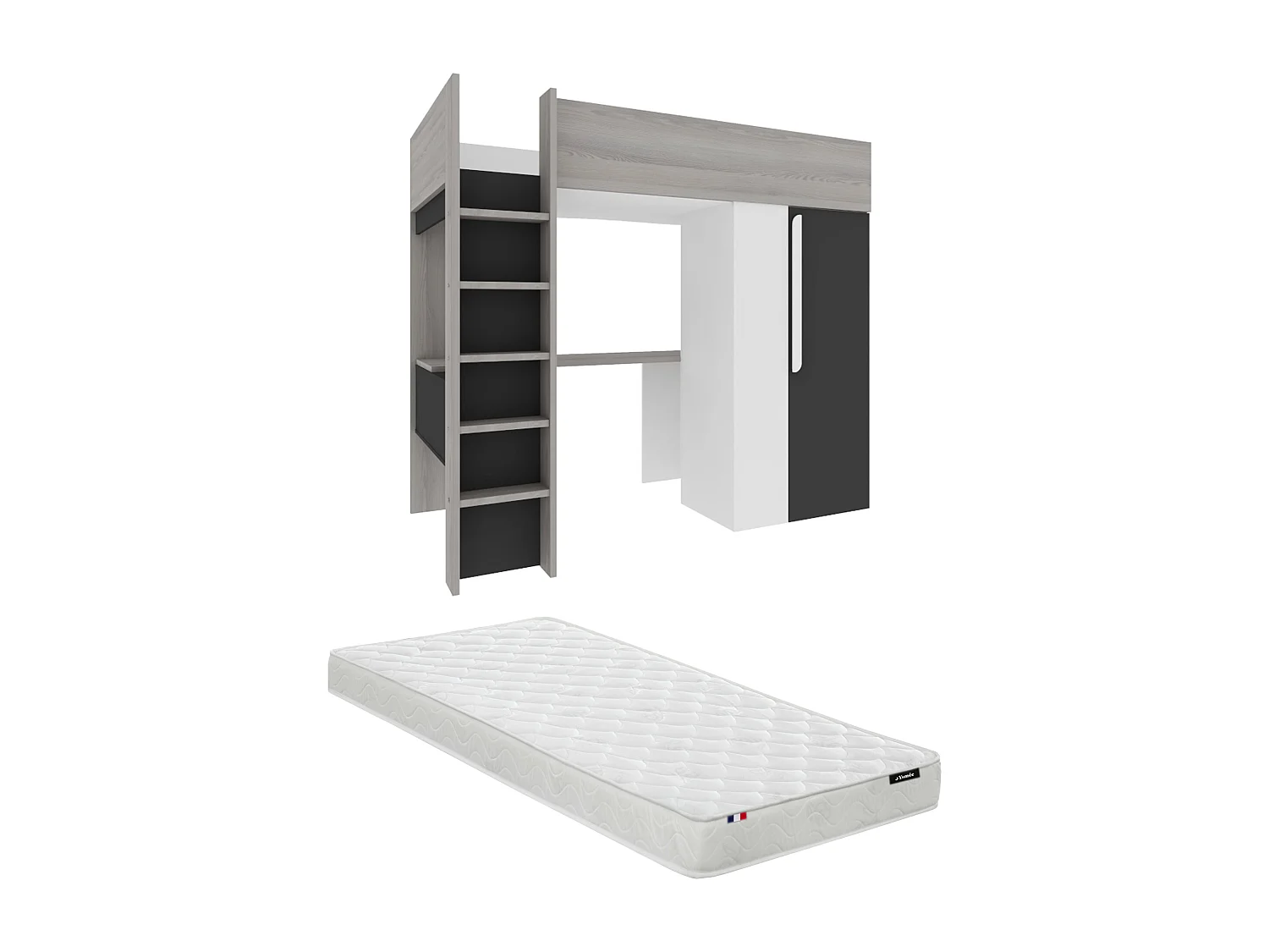 Lit mezzanine 90 x 200 cm avec armoire et bureau - Anthracite et blanc + matelas - NICOLAS II