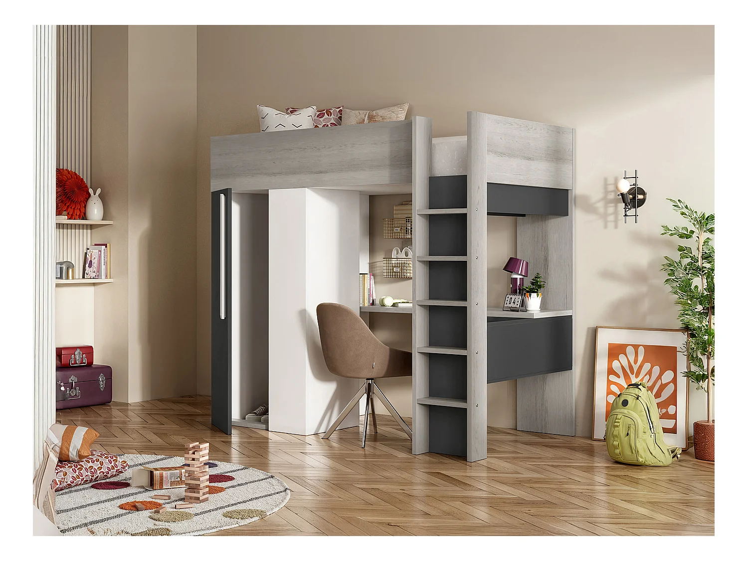Lit mezzanine 90 x 200 cm avec armoire et bureau - Anthracite et blanc + matelas - NICOLAS II