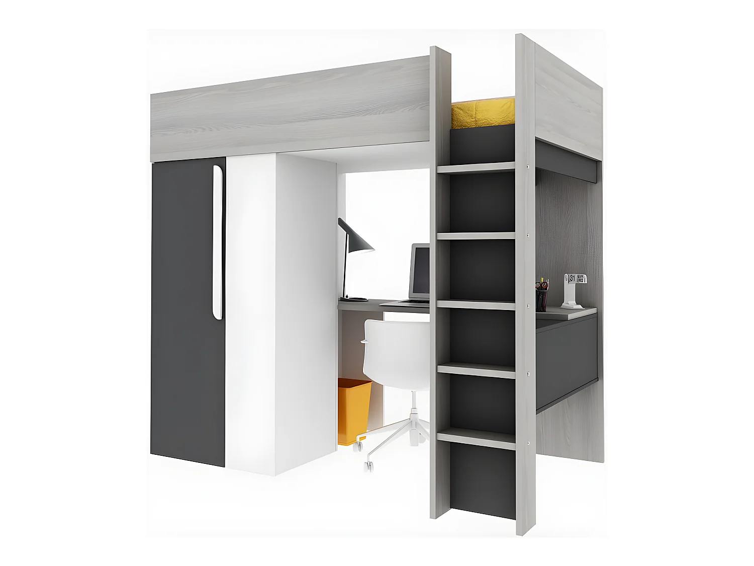Lit mezzanine 90 x 200 cm avec armoire et bureau - Anthracite et blanc + matelas - NICOLAS II