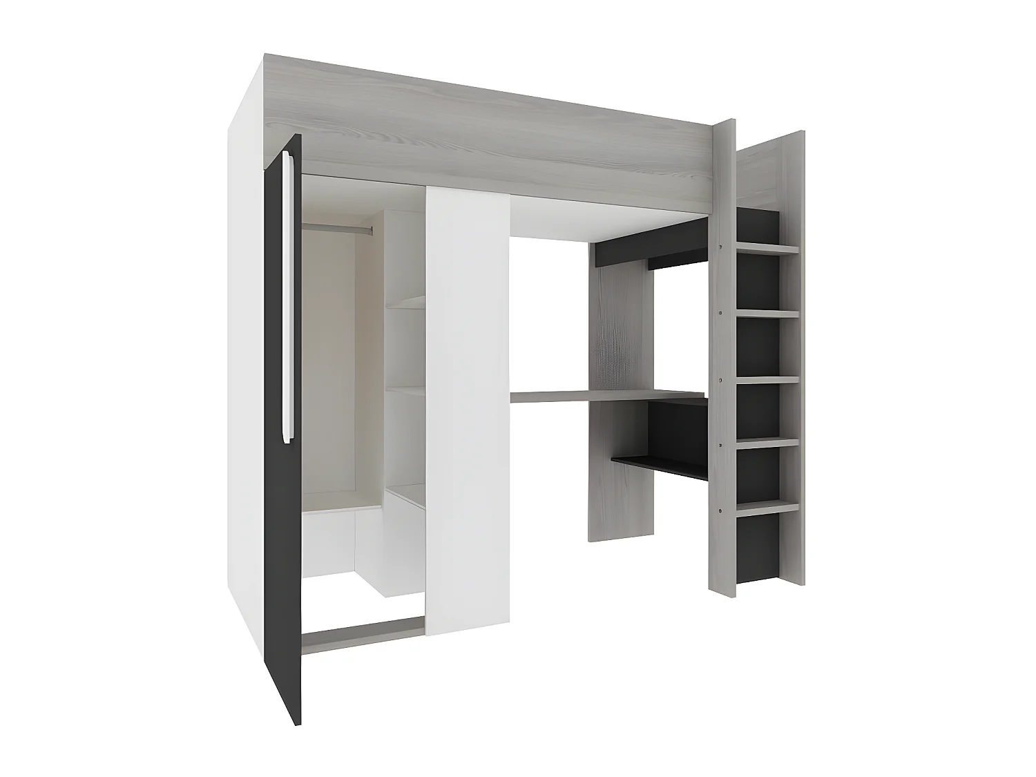 Lit mezzanine 90 x 200 cm avec armoire et bureau - Anthracite et blanc + matelas - NICOLAS II