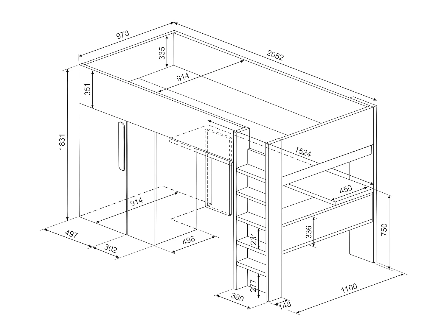 Lit mezzanine 90 x 200 cm avec armoire et bureau - Anthracite et blanc + matelas - NICOLAS II