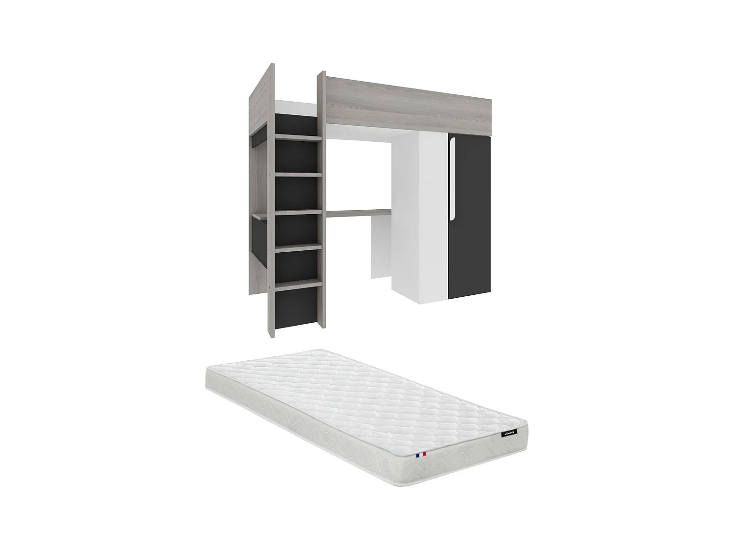 Lit mezzanine 90 x 200 cm avec armoire et bureau - Anthracite et blanc + matelas - NICOLAS II