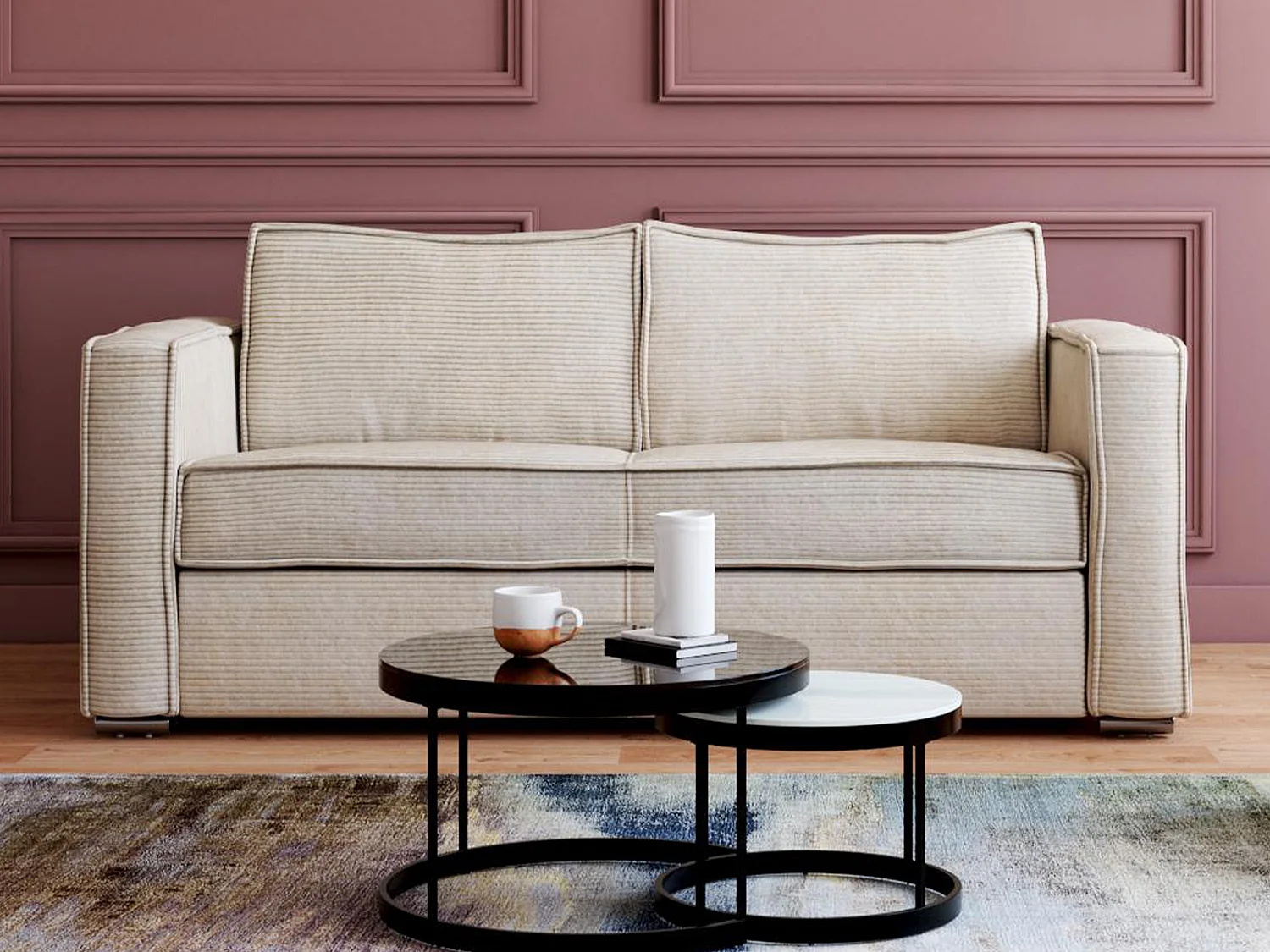 Canapé 3 places convertible express en velours côtelé beige - Couchage 140 cm - Matelas 14 cm LORETO