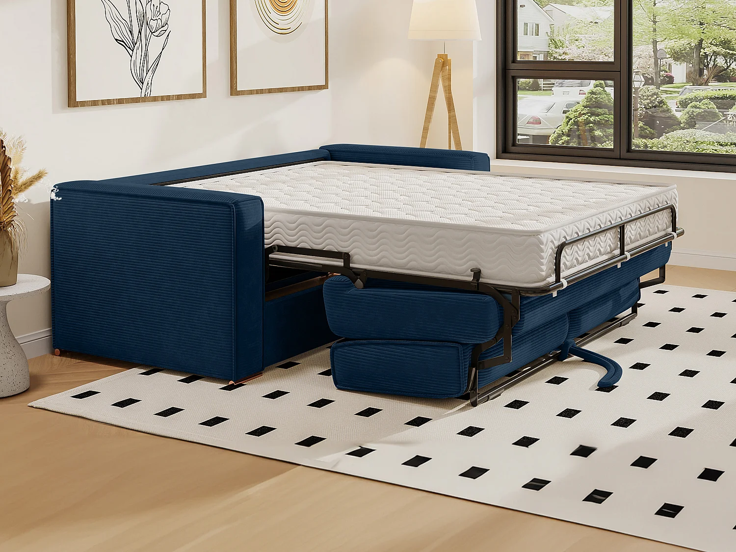 Express-driezitsslaapbank van ribfluweel - Blauw - LORETO