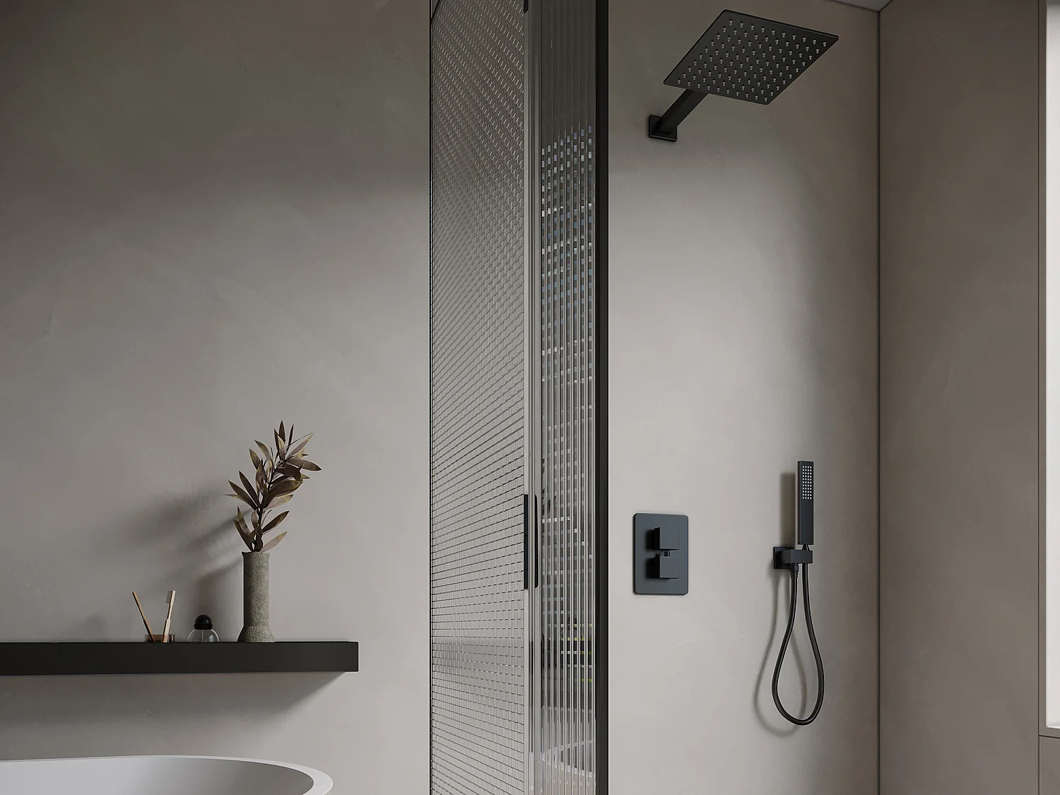 Ensemble de douche encastrable avec mitigeur thermostatique et support mural fixe - Noir mat - TEREK