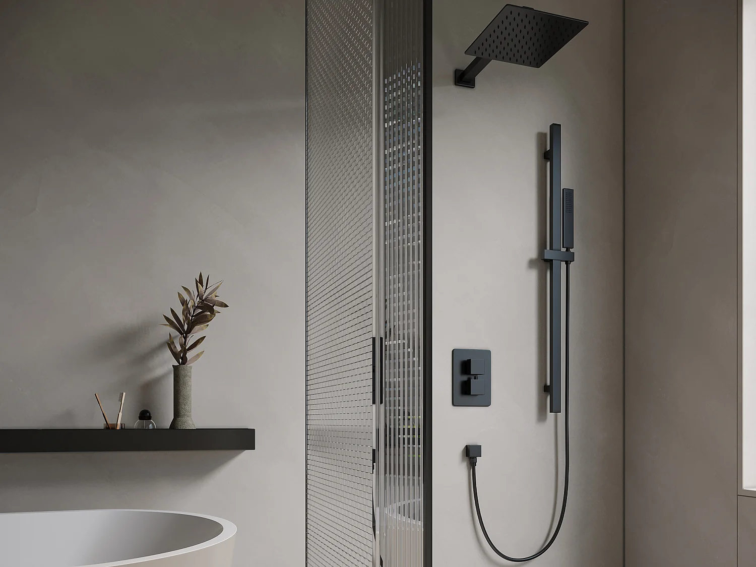 Ensemble de douche encastrable avec mitigeur thermostatique et support mural réglable - Noir mat - TEREK