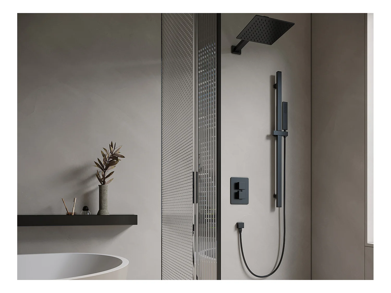 Ensemble de douche encastrable avec mitigeur thermostatique et support mural réglable - Noir mat - TEREK